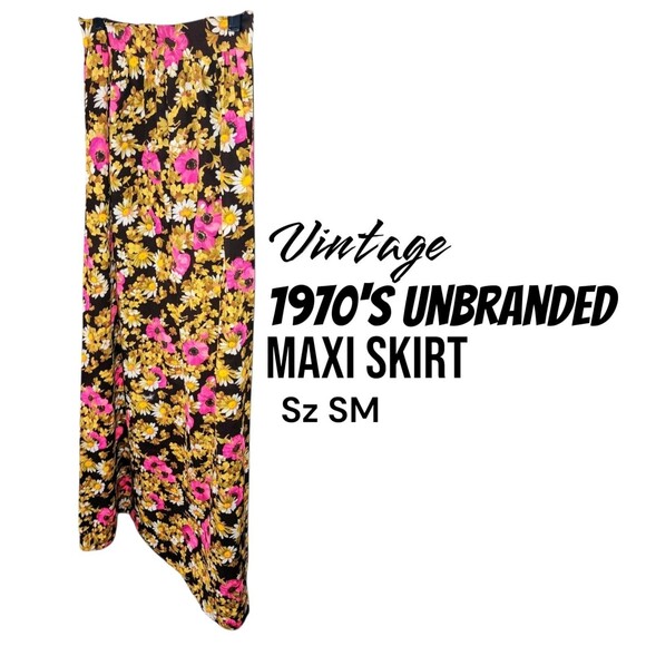FLOWER POWER S Neon Pink White Gold Floral Daisy Vintage 70s Straight Maxi Skirt - Picture 1 of 5